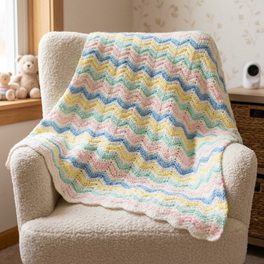 Crochet Baby Blanket Rectangle White Blue Yellow Pink Green Handmade Afghan